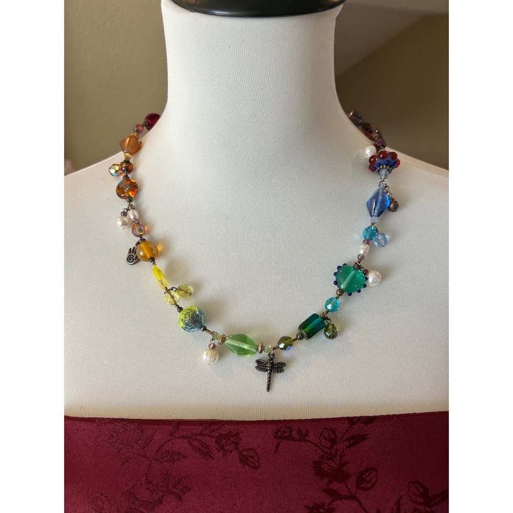 Vintage Bead‎ Lady Rainbow Glass Pearl Necklace Sterling Silver Charms 22in NOS